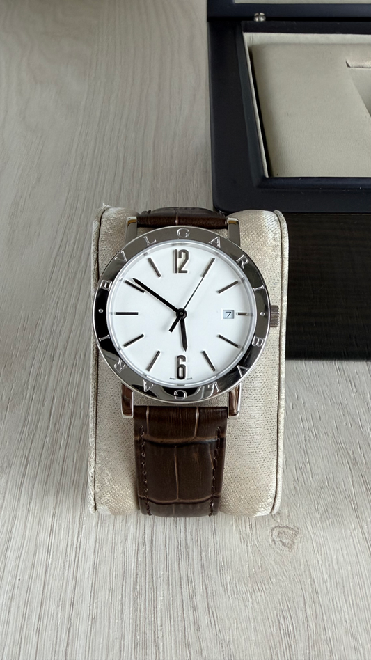 BVLGARI ROMA PRATA BRANCO COURO AUTOMATICO 38MM