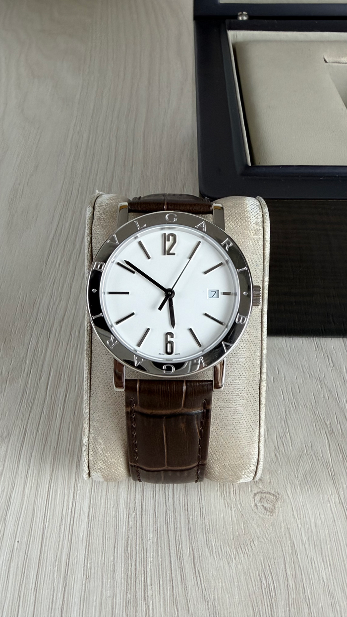 BVLGARI ROMA PRATA BRANCO COURO AUTOMATICO 38MM