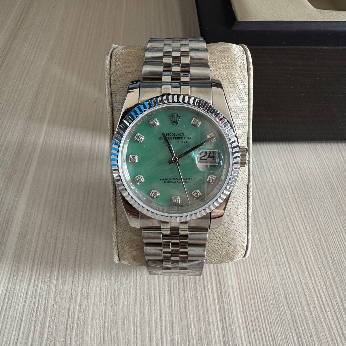 ROLEX DATEJUST PRATA VERDE BRILHANTES FEMININO 36MM