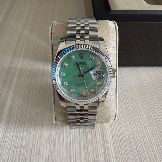 ROLEX DATEJUST PRATA VERDE BRILHANTES FEMININO 36MM
