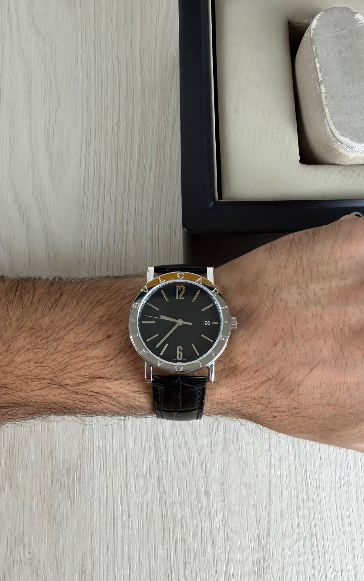 BVLGARI ROMA PRATA PRETO COURO AUTOMATICO 38MM