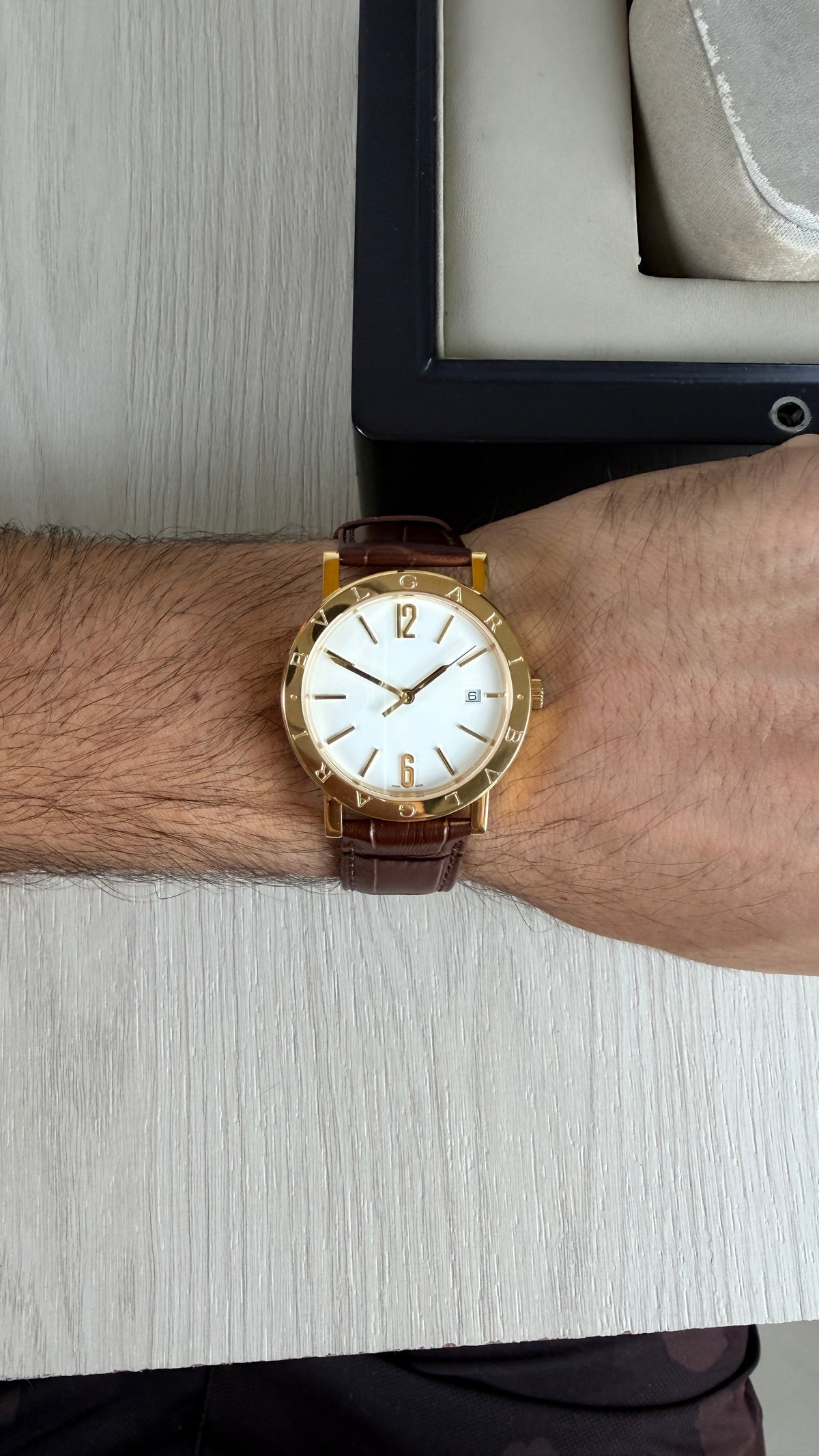 BVLGARI ROMA DOURADO BRANCO COURO AUTOMATICO 38MM