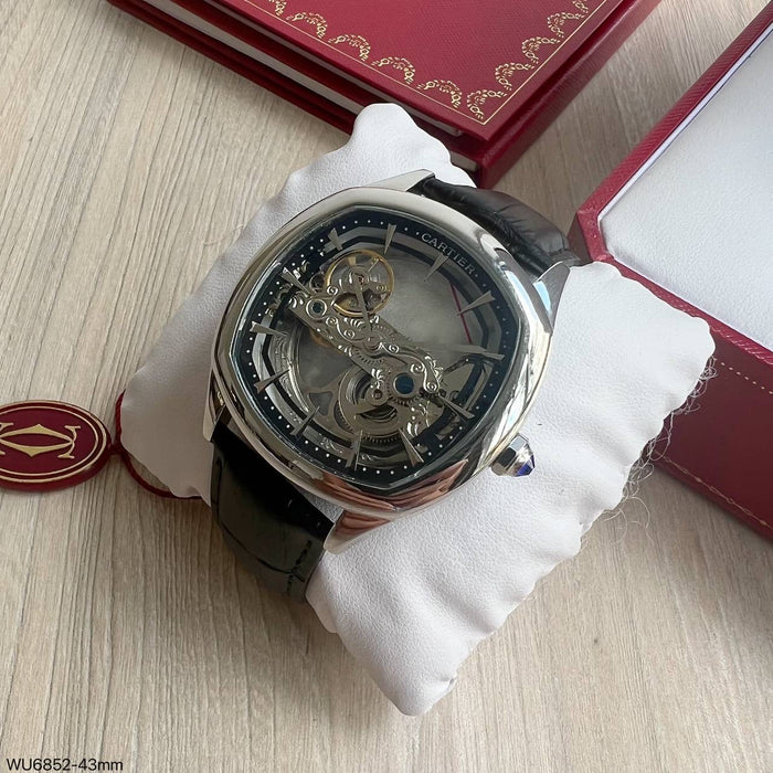 CARTIER DRIVE ESQUELETO PRATA COURO 43MM