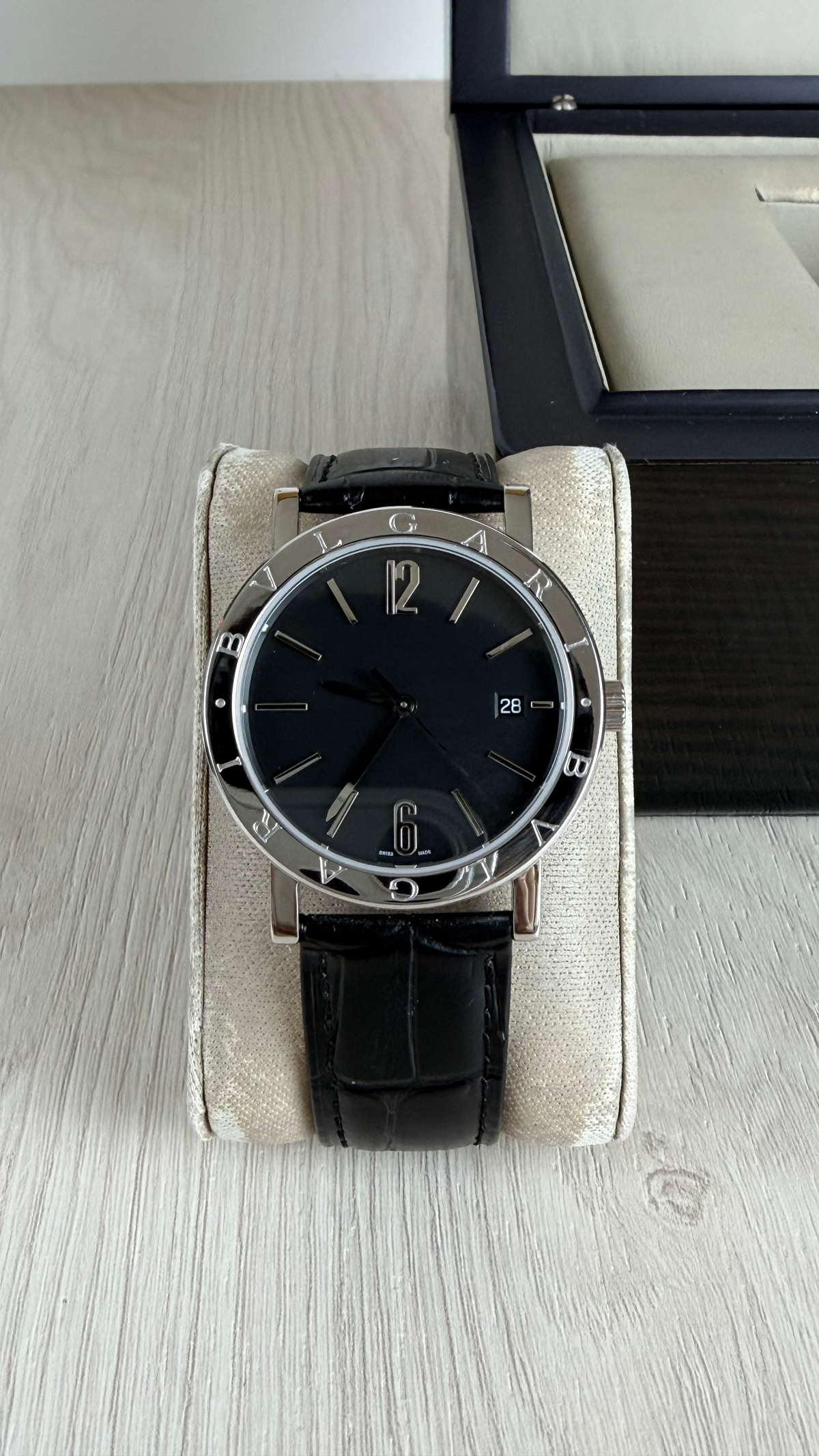 BVLGARI ROMA PRATA PRETO COURO AUTOMATICO 38MM