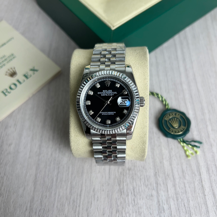 ROLEX DATEJUST PRATA PRETO BRILHANTES FEMININO 36MM