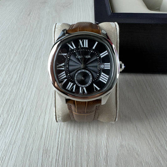 CARTIER DRIVE PRATA PRETO COURO 41MM