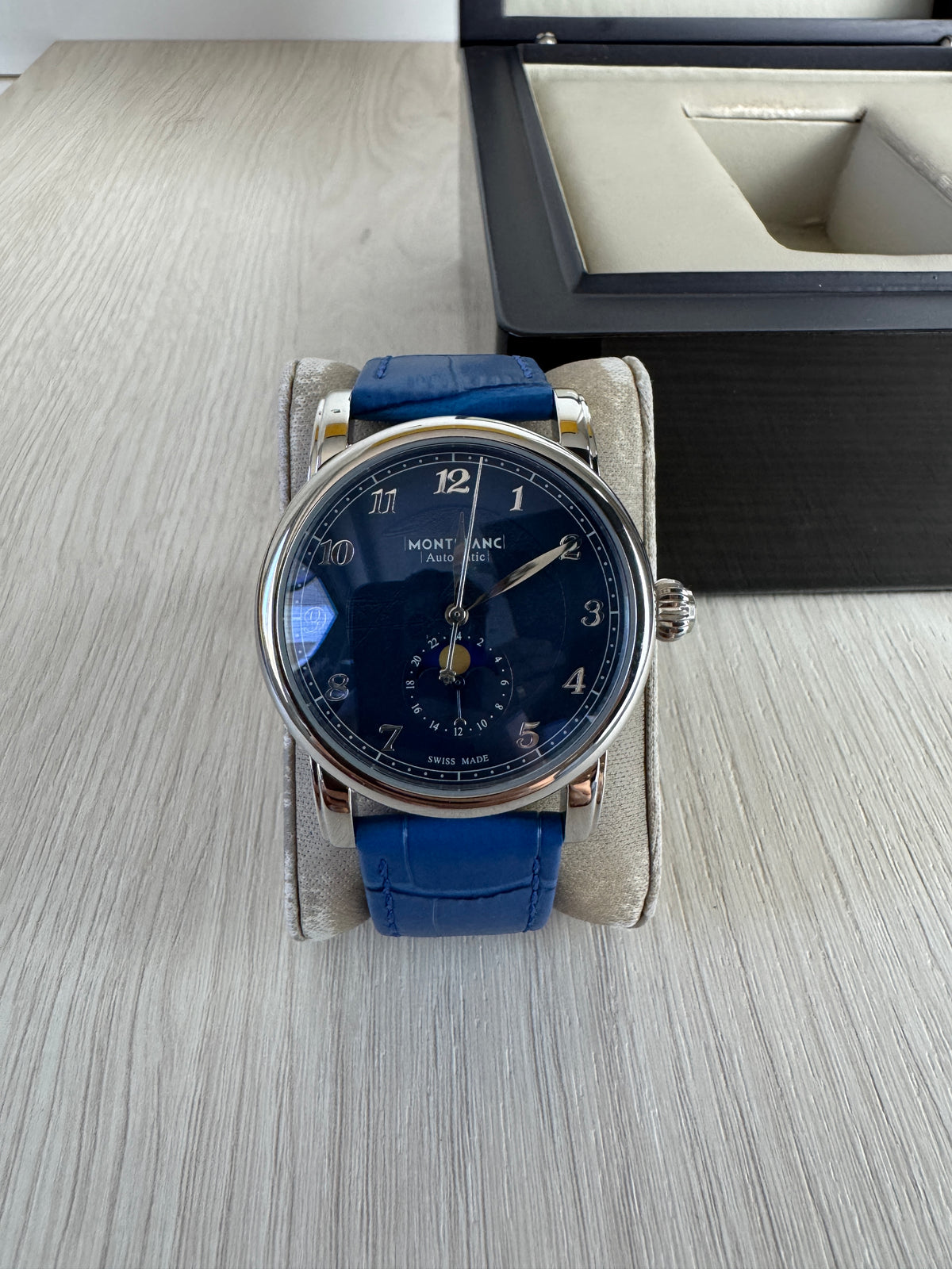 MONT BLANC PRATA COURO AZUL AUTOMÁTICO 42MM