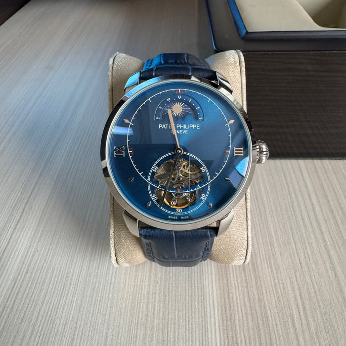 PATEK PHILIPPE PRATA AZUL COURO AUTOMATICO 43MM
