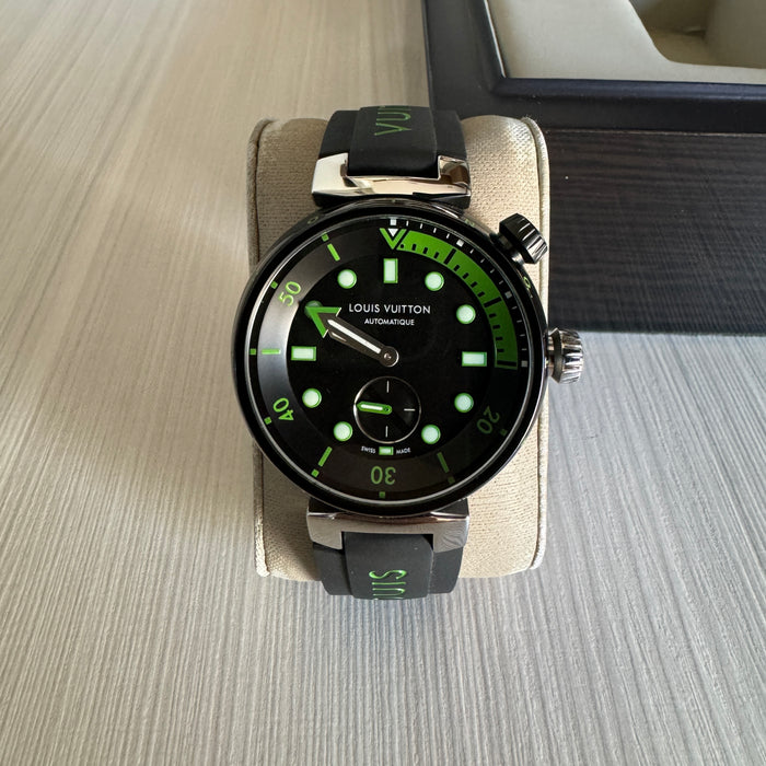 LOUIS VUITTON TAMBOUR PRETO VERDE BORRACHA 41MM