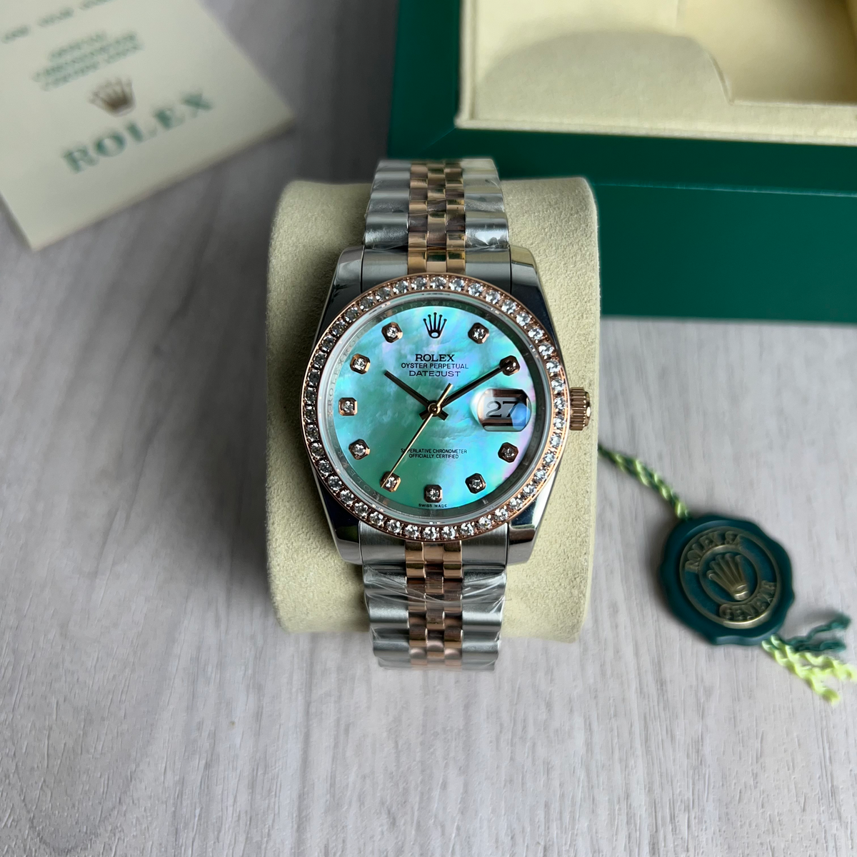 ROLEX DATEJUST MISTO ROSE MADREPEROLA BRILHANTES FEMININO 36MM
